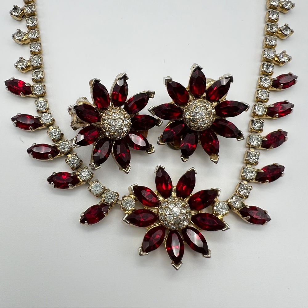 Vintage Denbe Red Floral Necklace 14” and Clip On Earring Set